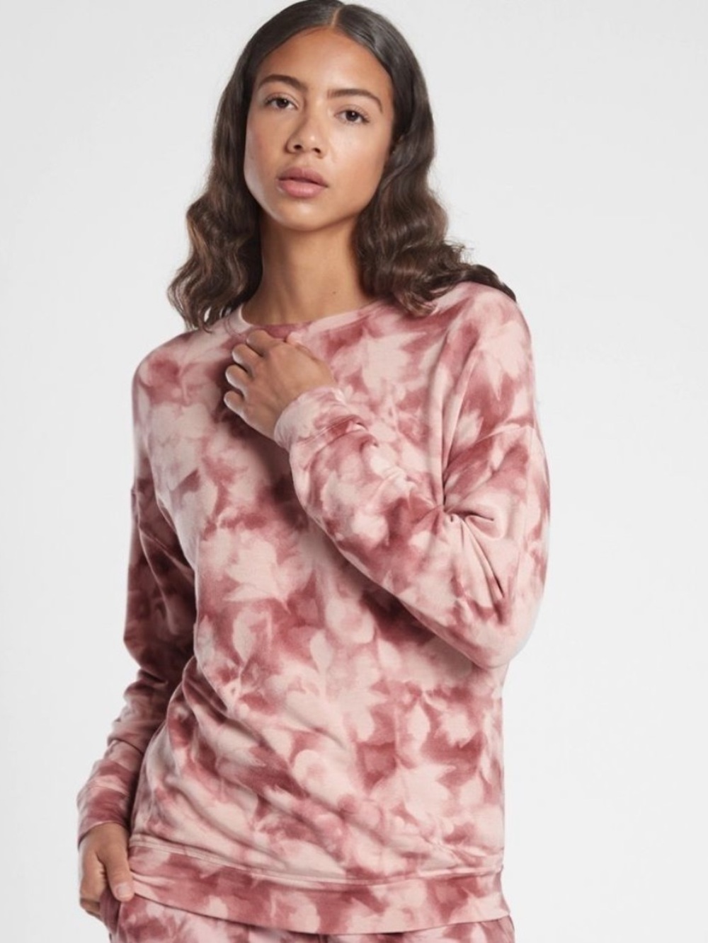 Athleta Studio to Street Print Sweatshirt XS Tie Dye Soft Fleece Lined Rose Pink